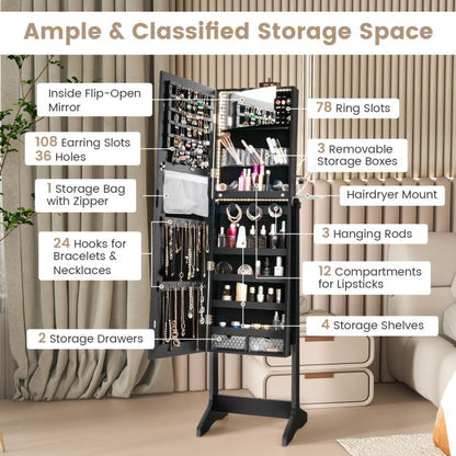 Freestanding LED Mirrored Jewellery Cabinet with Keyhole-Black