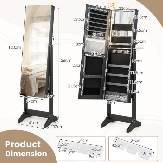 Freestanding LED Mirrored Jewellery Cabinet with Keyhole-Black