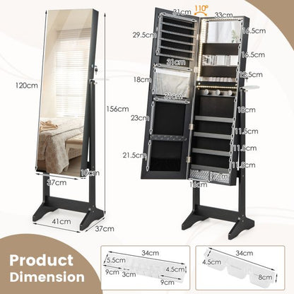 Freestanding LED Mirrored Jewellery Cabinet with Keyhole-Black