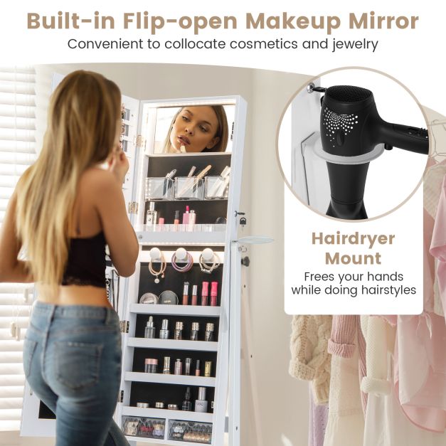 Freestanding LED Mirrored Jewellery Cabinet with Keyhole-White