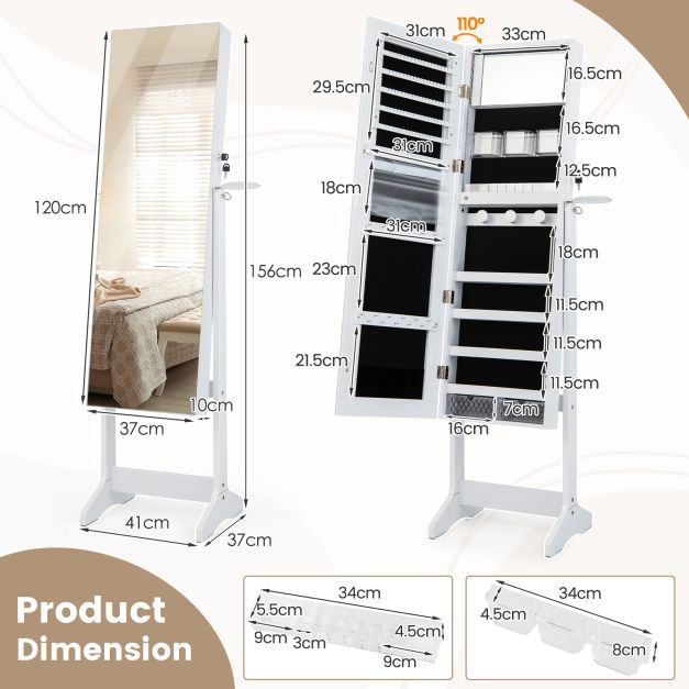 Freestanding LED Mirrored Jewellery Cabinet with Keyhole-White
