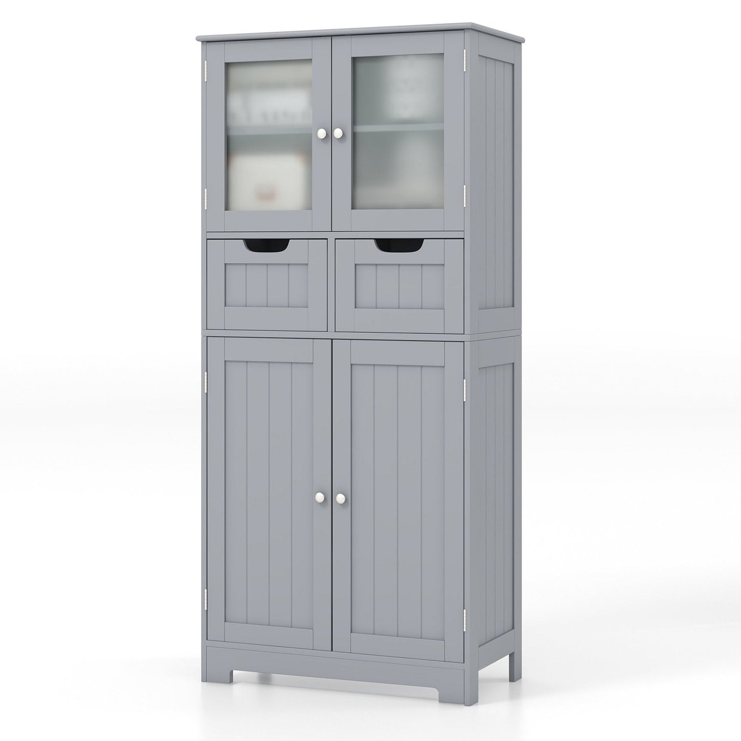 Floor Storage Cabinet with 2 Glass Doors, 2 Drawers and Adjustable Shelves-Grey