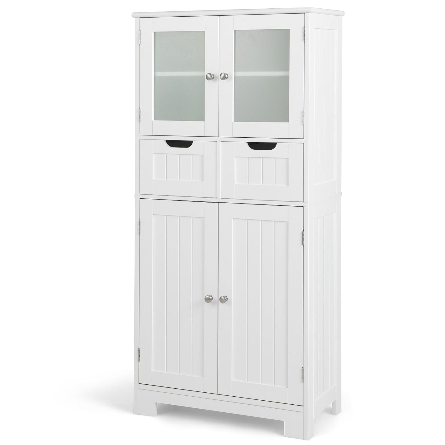 Floor Storage Cabinet with 2 Glass Doors, 2 Drawers and Adjustable Shelves-White