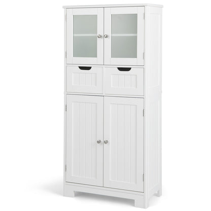 Floor Storage Cabinet with 2 Glass Doors, 2 Drawers and Adjustable Shelves-White