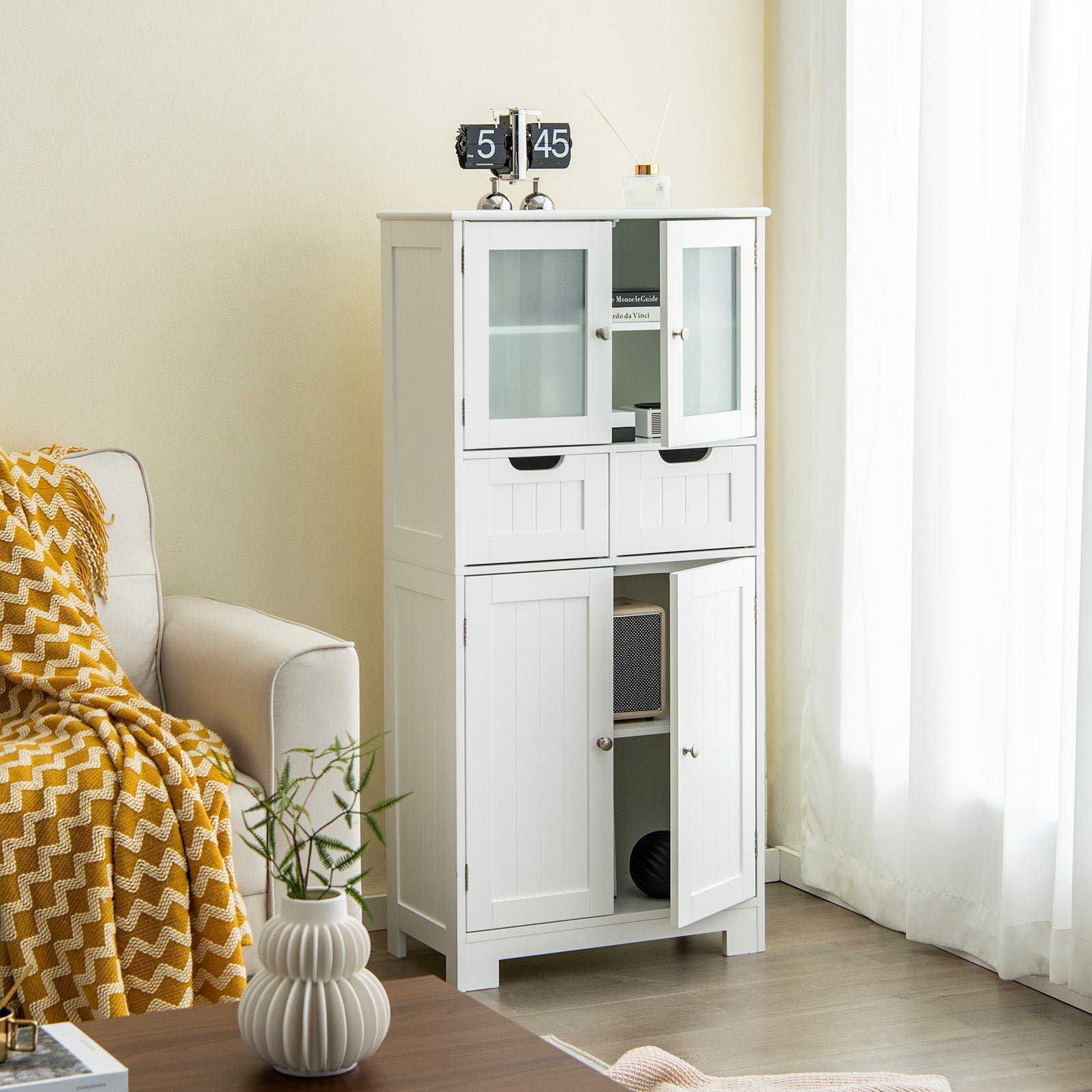 Floor Storage Cabinet with 2 Glass Doors, 2 Drawers and Adjustable Shelves-White