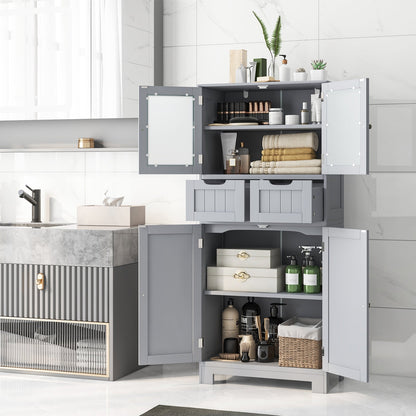 Floor Storage Cabinet with 2 Glass Doors, 2 Drawers and Adjustable Shelves-Grey