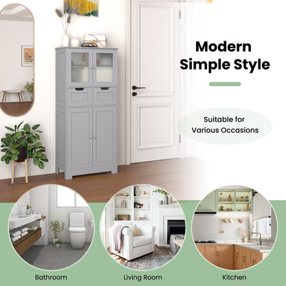 Floor Storage Cabinet with 2 Glass Doors, 2 Drawers and Adjustable Shelves-Grey