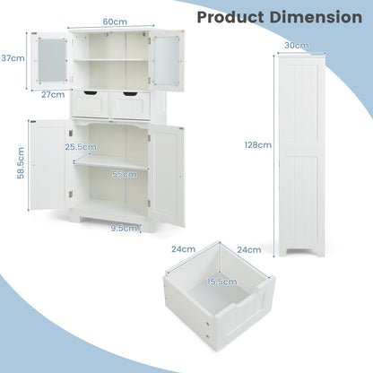 Floor Storage Cabinet with 2 Glass Doors, 2 Drawers and Adjustable Shelves-White