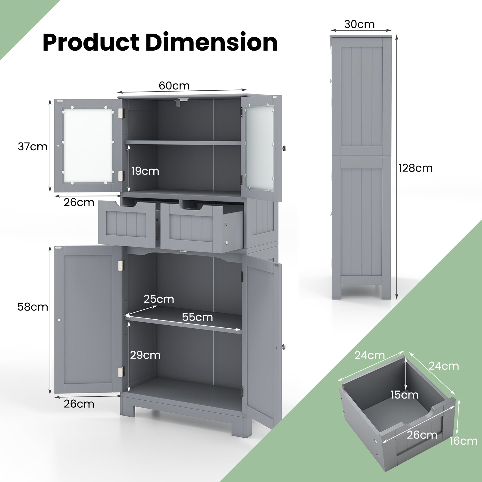 Floor Storage Cabinet with 2 Glass Doors, 2 Drawers and Adjustable Shelves-Grey