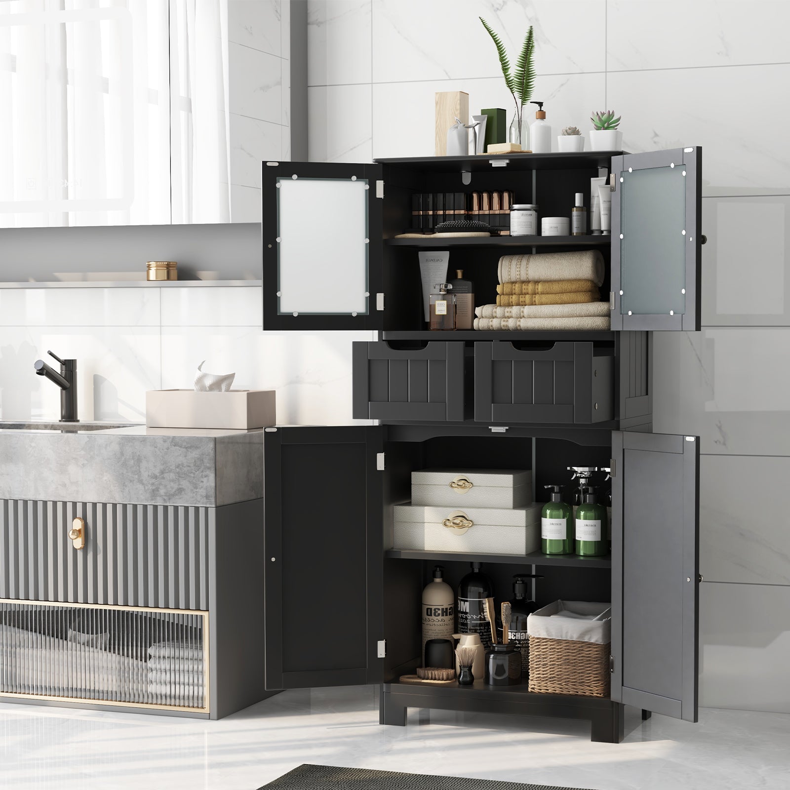 Floor Storage Cabinet with Glass-Door Cabinets and 2 Drawers-Black