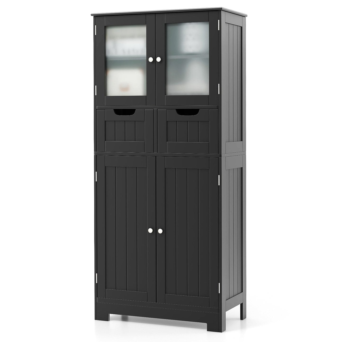 Floor Storage Cabinet with Glass-Door Cabinets and 2 Drawers-Black
