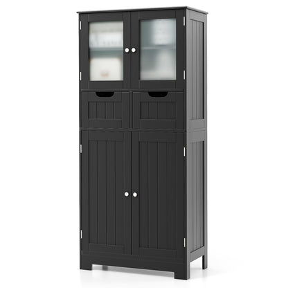 Floor Storage Cabinet with Glass-Door Cabinets and 2 Drawers-Black
