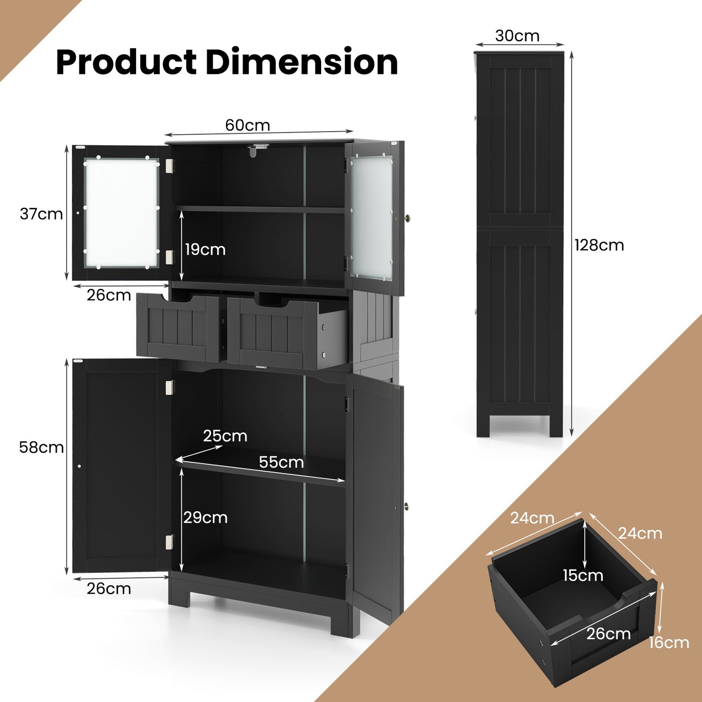 Floor Storage Cabinet with Glass-Door Cabinets and 2 Drawers-Black