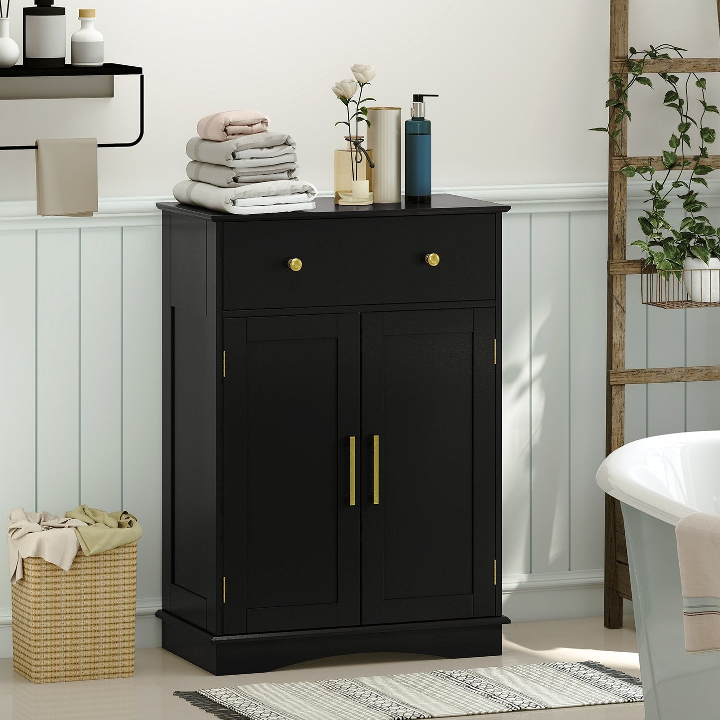Floor Storage Cabinet with Doors and Adjustable Shelf-Black