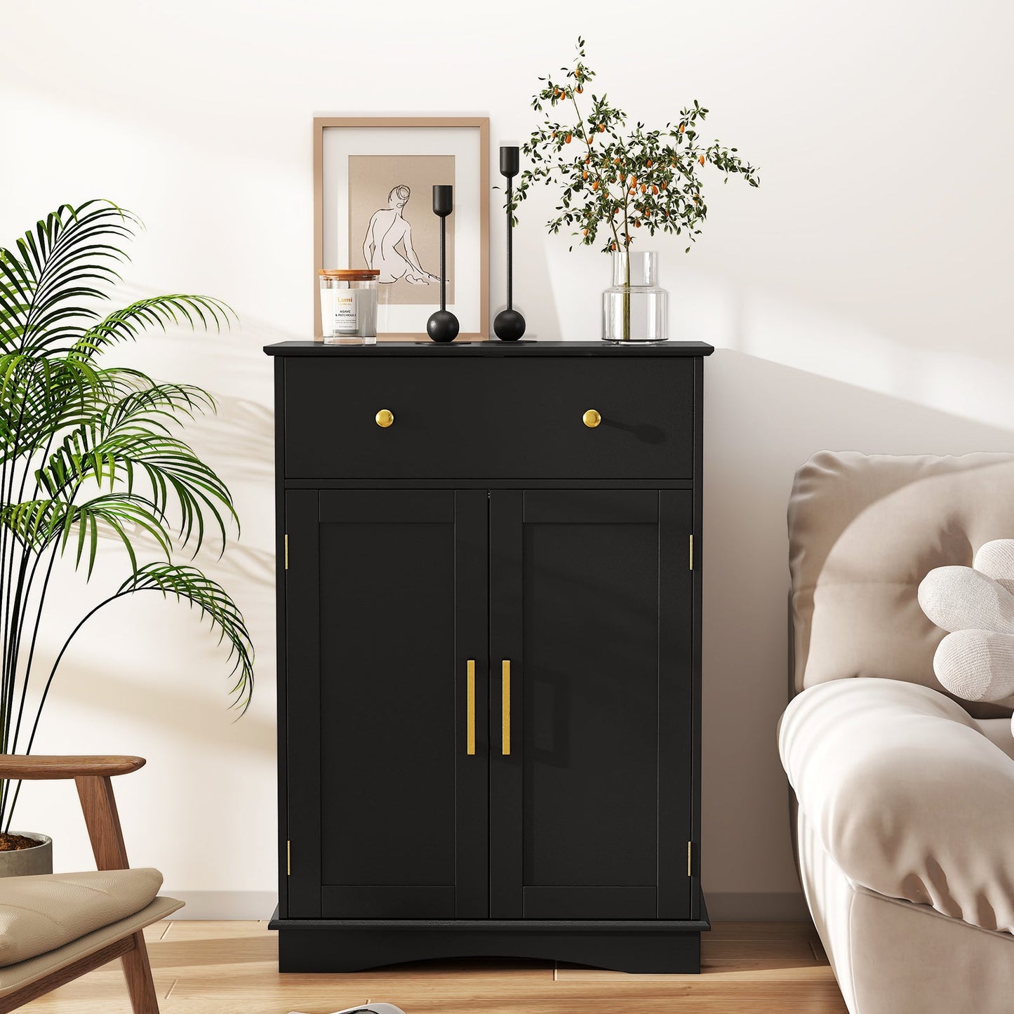 Floor Storage Cabinet with Doors and Adjustable Shelf-Black