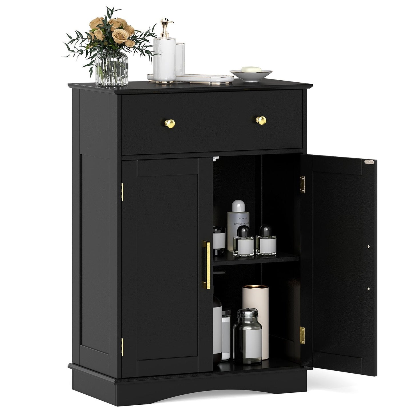 Floor Storage Cabinet with Doors and Adjustable Shelf-Black