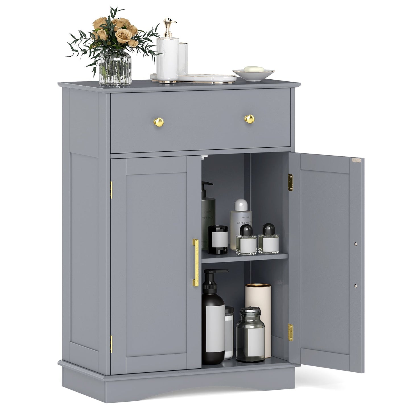 Floor Storage Cabinet with Doors and Adjustable Shelf-Grey