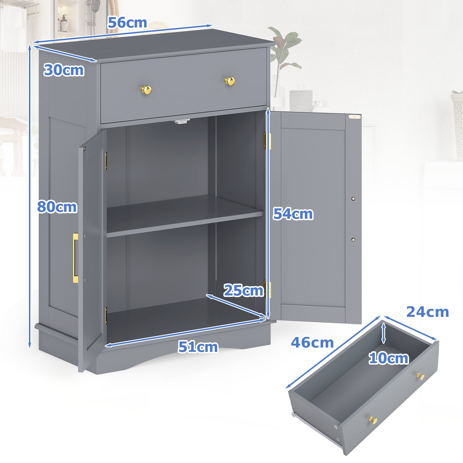Floor Storage Cabinet with Doors and Adjustable Shelf-Grey