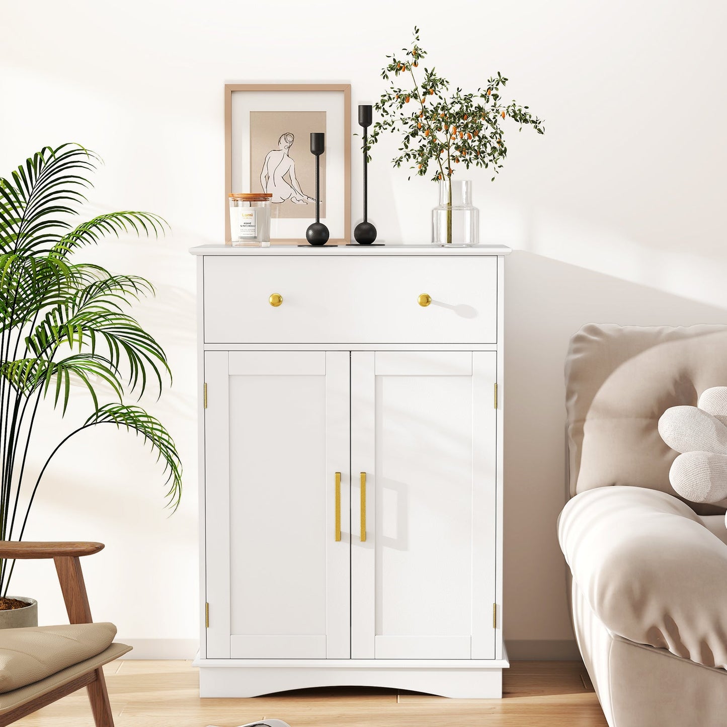 Floor Storage Cabinet with Doors and Adjustable Shelf-White