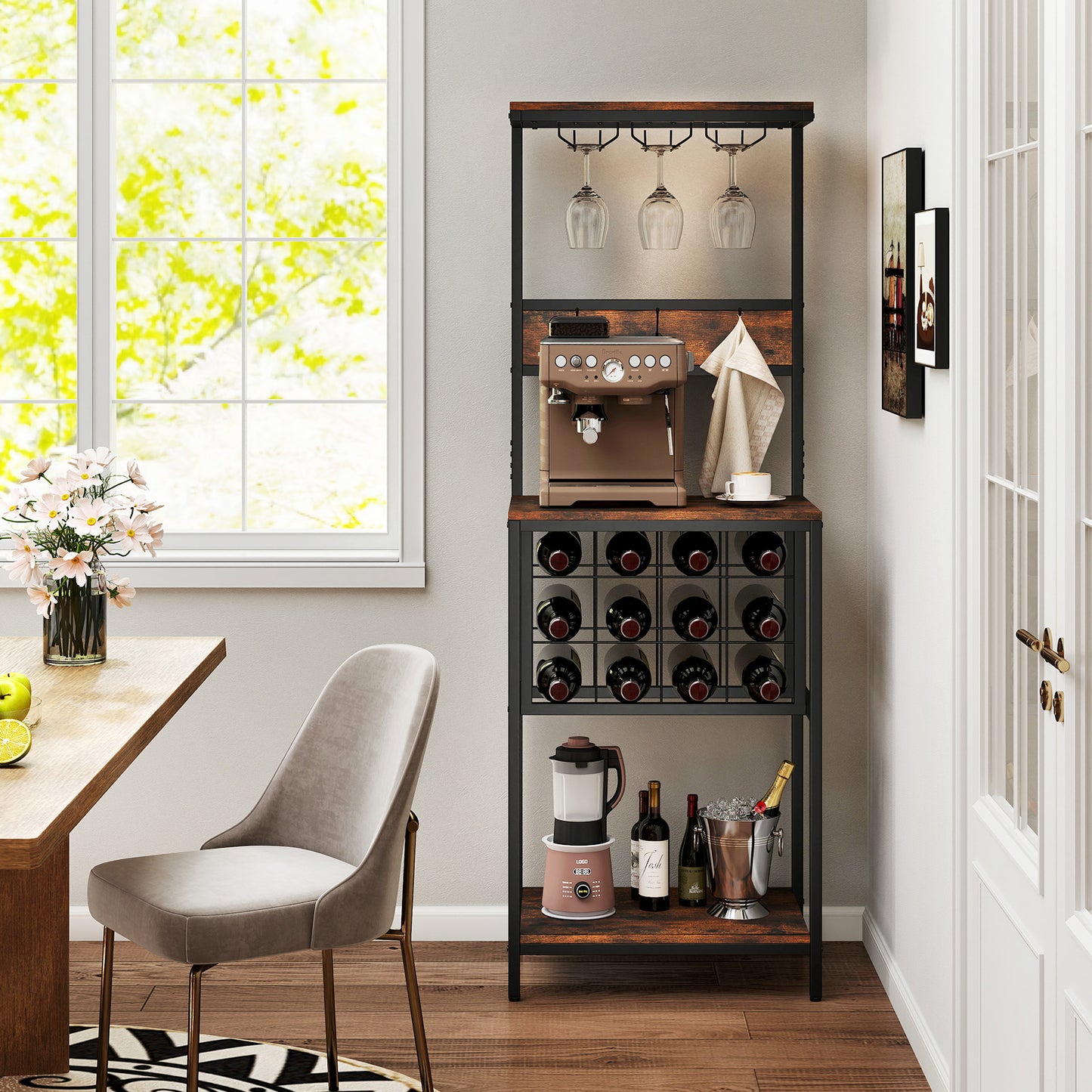 Floor Wine Bar Cabinet with Glass Racks and Wine Bottle Holders-Rustic Brown