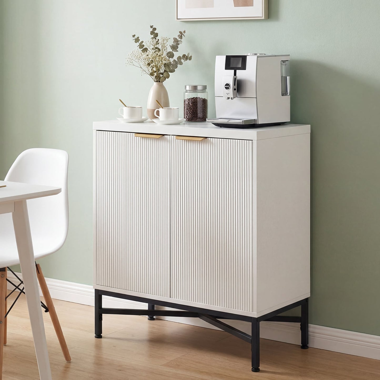 Fluted Sideboard Buffet Cabinet with 2 Doors and Adjustable Shelf-White