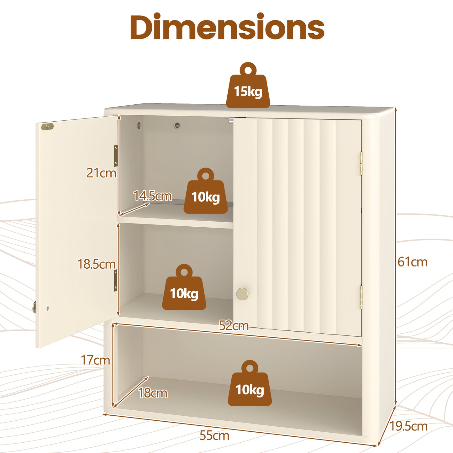 Fluted Bathroom Wall Cabinet Modern Double Door Medicine Cabinet-Beige