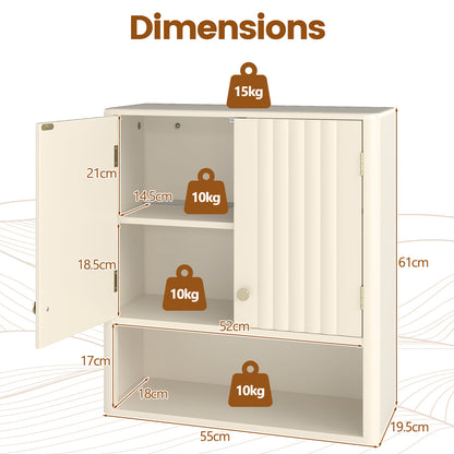 Fluted Bathroom Wall Cabinet Modern Double Door Medicine Cabinet-Beige