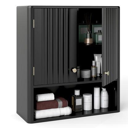 Fluted Bathroom Wall Cabinet Modern Double Door Medicine Cabinet-Black