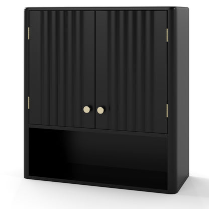 Fluted Bathroom Wall Cabinet Modern Double Door Medicine Cabinet-Black