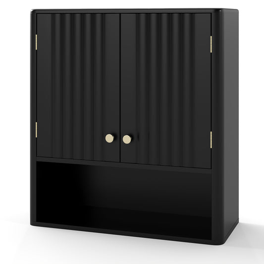 Fluted Bathroom Wall Cabinet Modern Double Door Medicine Cabinet-Black