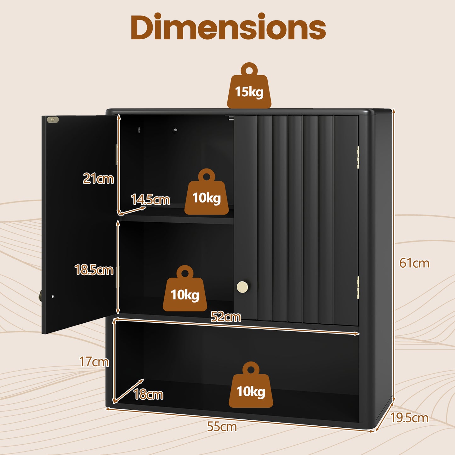 Fluted Bathroom Wall Cabinet Modern Double Door Medicine Cabinet-Black