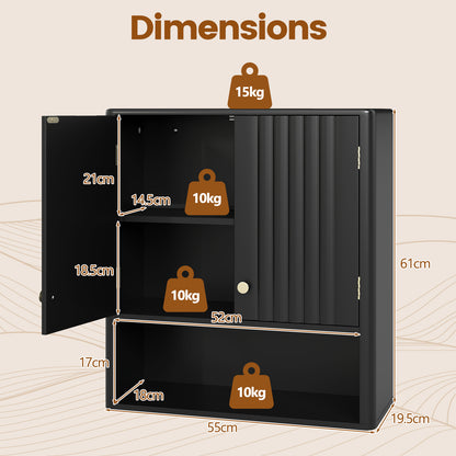 Fluted Bathroom Wall Cabinet Modern Double Door Medicine Cabinet-Black