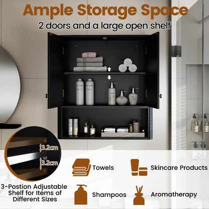 Fluted Bathroom Wall Cabinet Modern Double Door Medicine Cabinet-Black