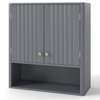 Fluted Bathroom Wall Cabinet Modern Double Door Medicine Cabinet-Grey