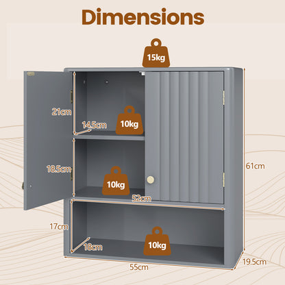 Fluted Bathroom Wall Cabinet Modern Double Door Medicine Cabinet-Grey