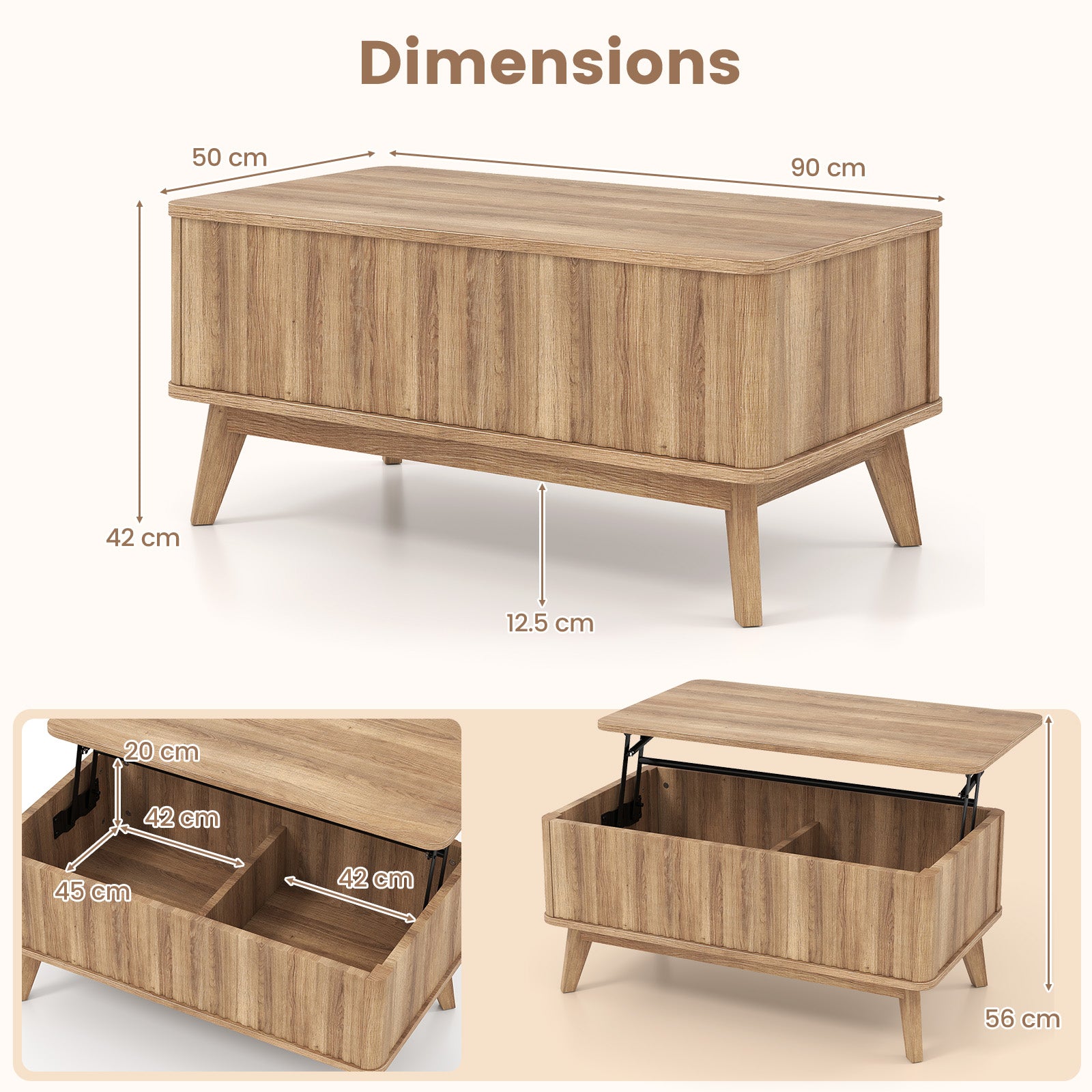 Fluted Lift Top Coffee Table 90CM Rectangle Wooden Center Table-Walnut