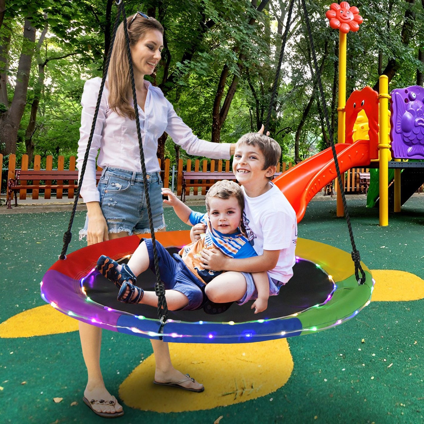 Flying Saucer Tree Swing with 8 Light Modes and Adjustable Hanging Ropes-Colourful