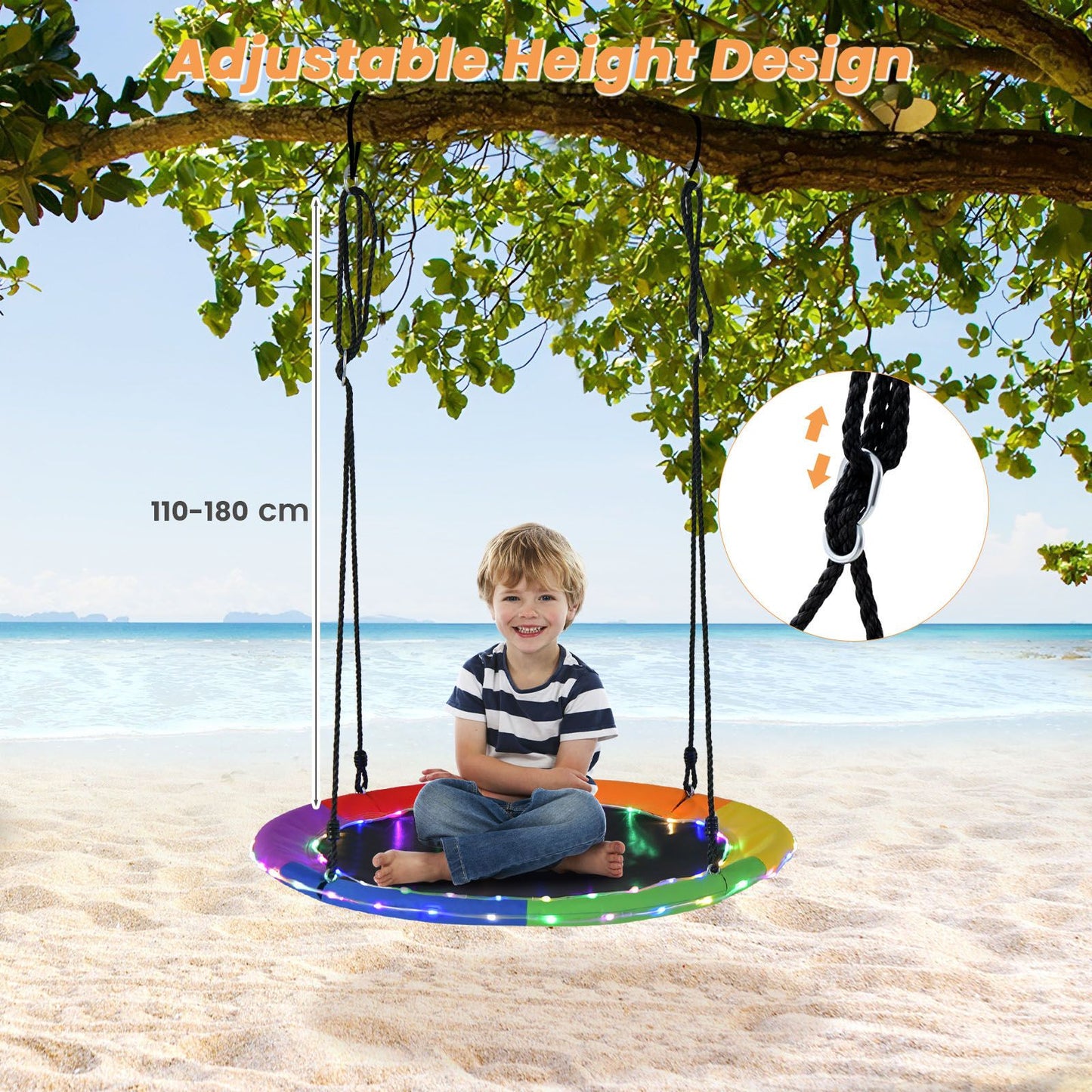 Flying Saucer Tree Swing with 8 Light Modes and Adjustable Hanging Ropes-Colourful