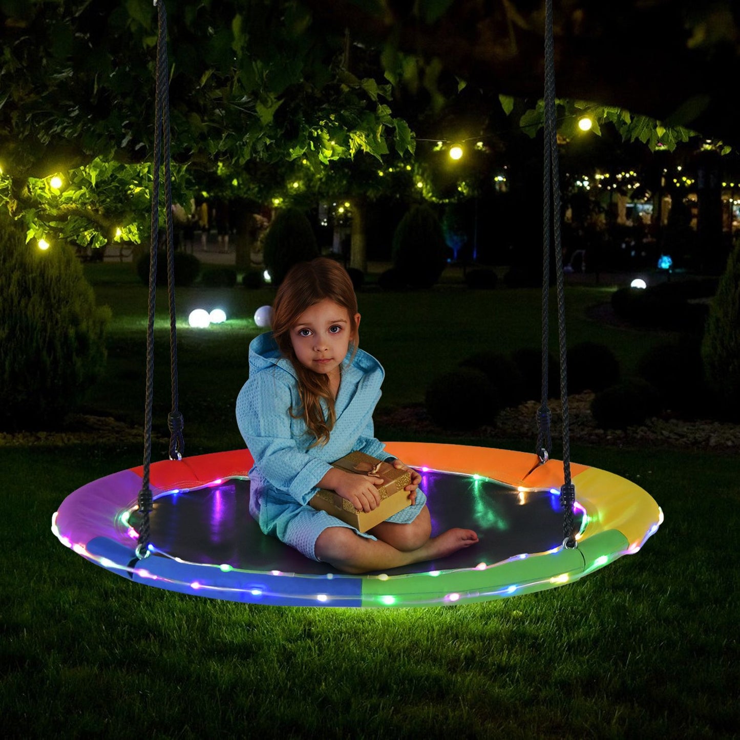 Flying Saucer Tree Swing with 8 Light Modes and Adjustable Hanging Ropes-Colourful