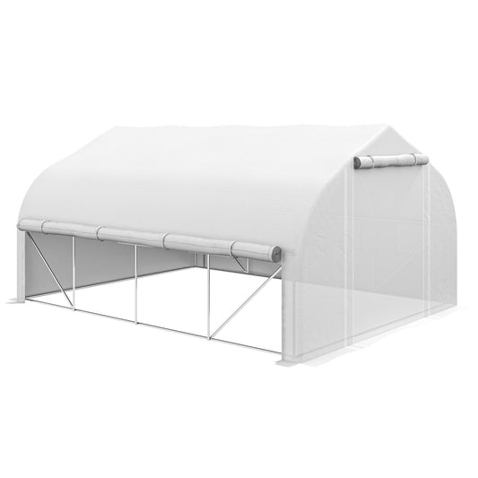 Outsunny 4 x 3(m) Tunel foliowy typu walk-in, ściany boczne zwijane na suwak, drzwi z siatki, 8 okien z siatki, namiot tunelowy z osłoną z polietylenu, bezpłatne etykiety na rośliny i rękawiczki, biały