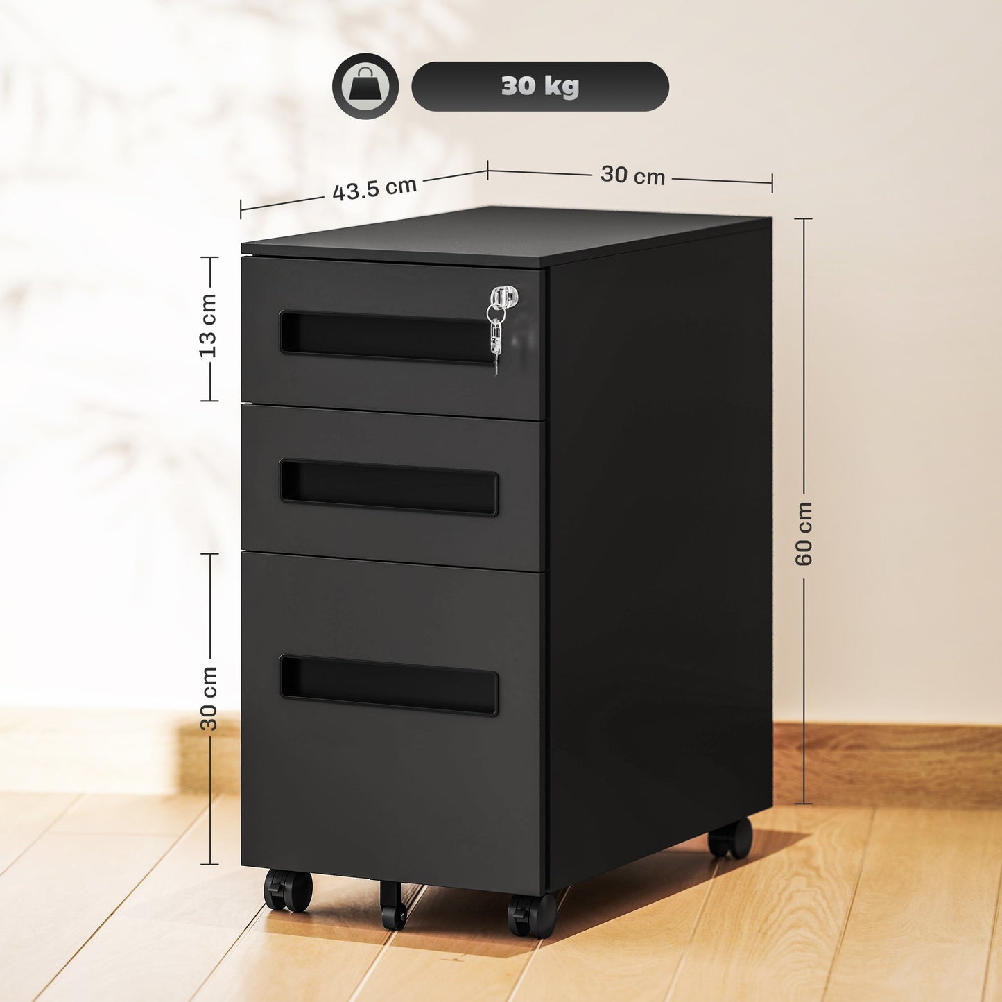 Vinsetto Three-Drawer Steel Filing Cabinet - Black