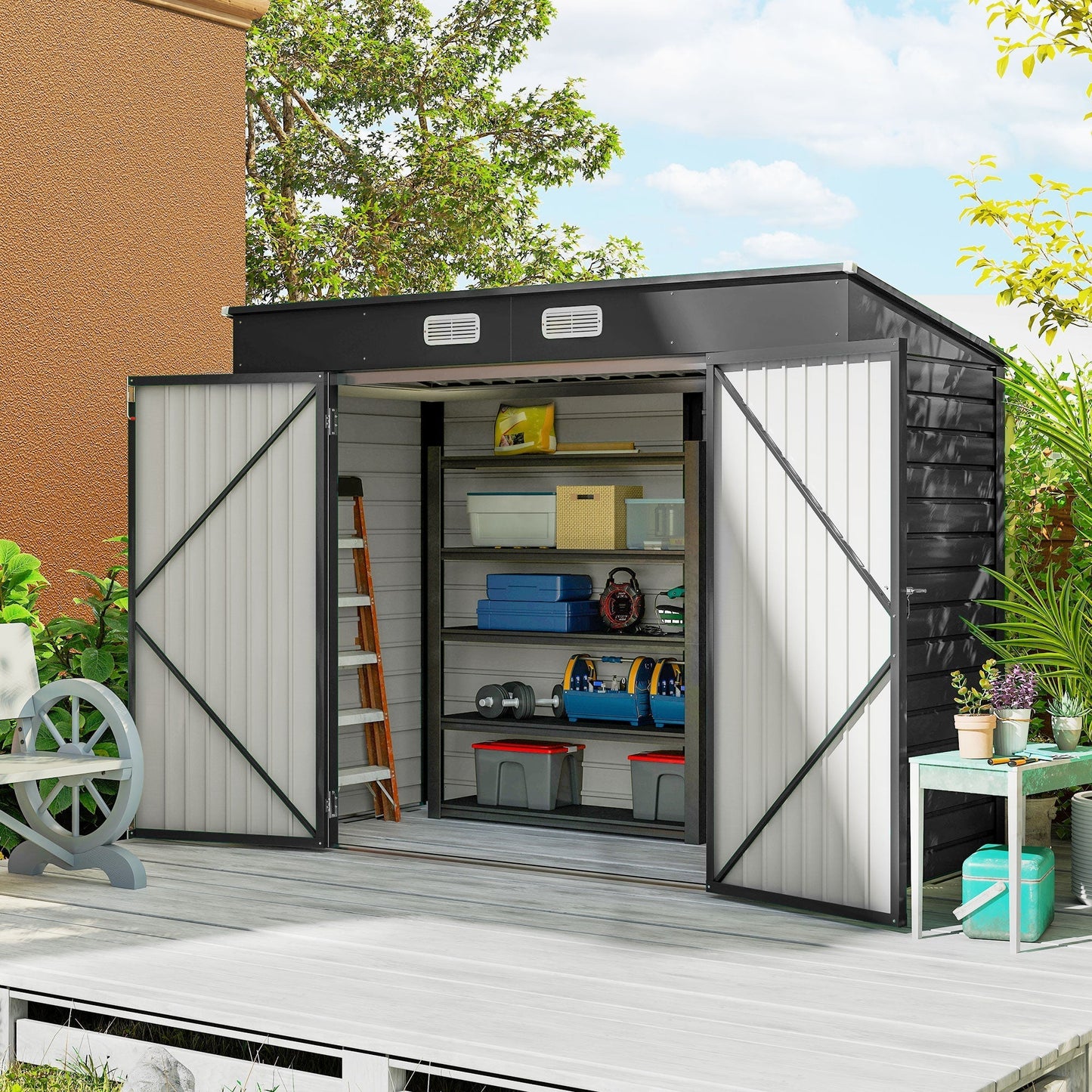 Outsunny 3.7 x 7.9ft Galvanised Steel Shed, with Latched Door and Padlock - Grey