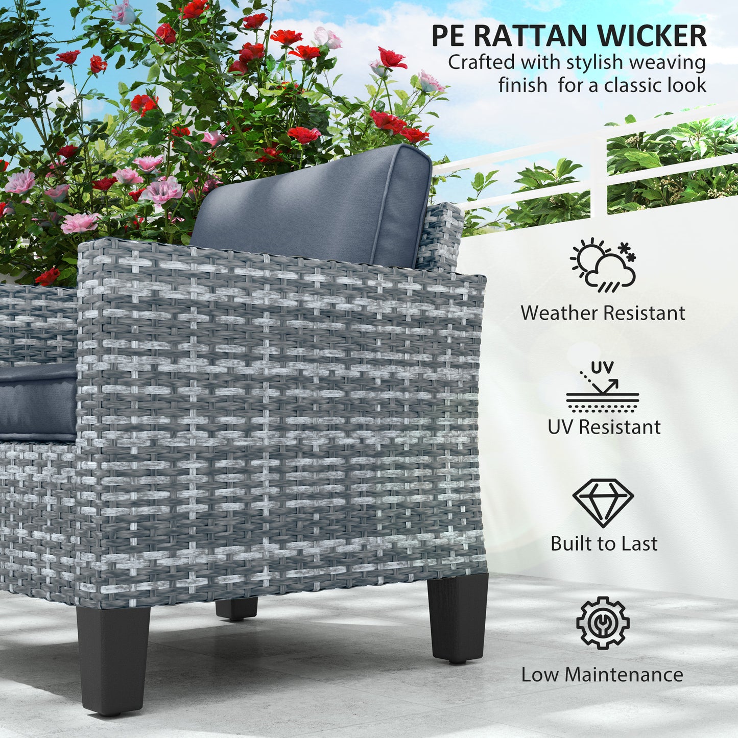 Fotel Outsunny Single Rattan z poduszkami - jasnoszary
