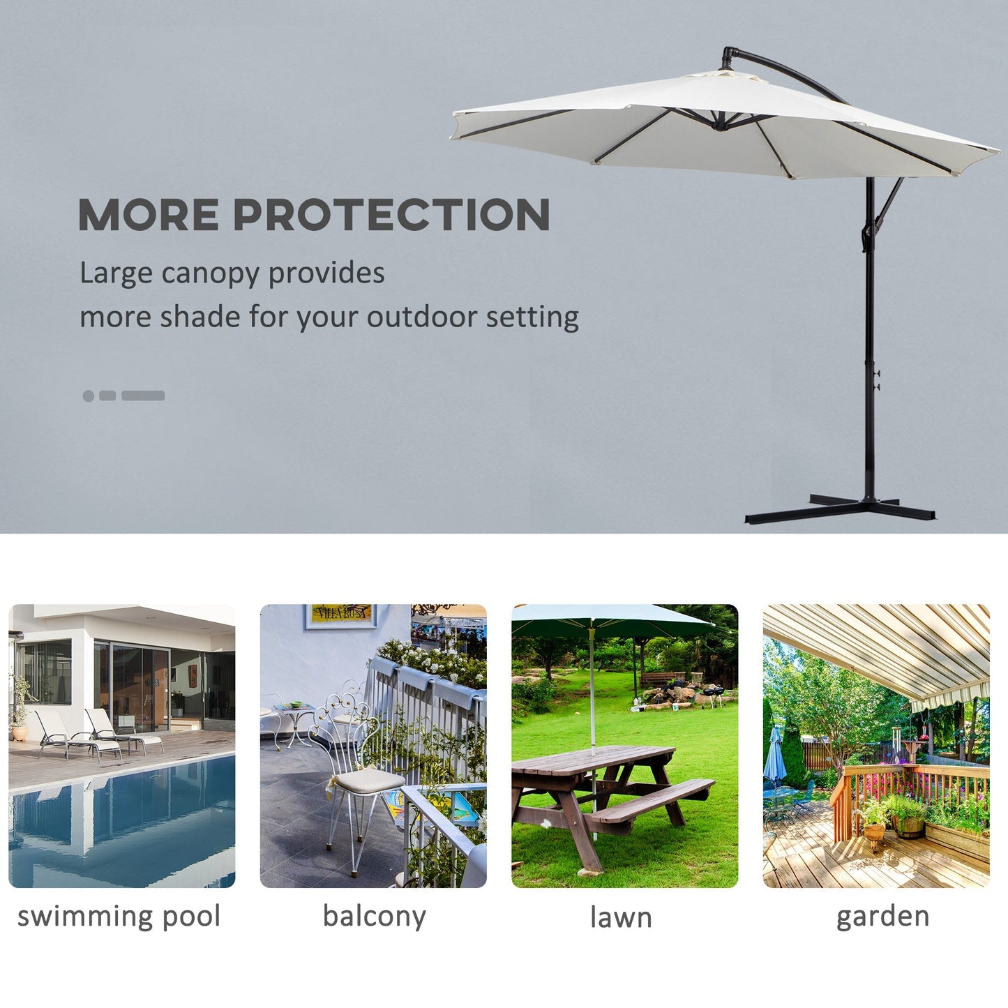 Outsunny 3(m) Garden Banana Parasol Hanging Cantilever Umbrella with Crank Handle, 8 Ribs and Cross Base for Outdoor, Sun Shade, Cream White