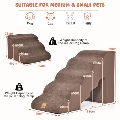 Foam Pet Stairs Set with 5-Tier and 3-Tier Dog Ramps-Brown