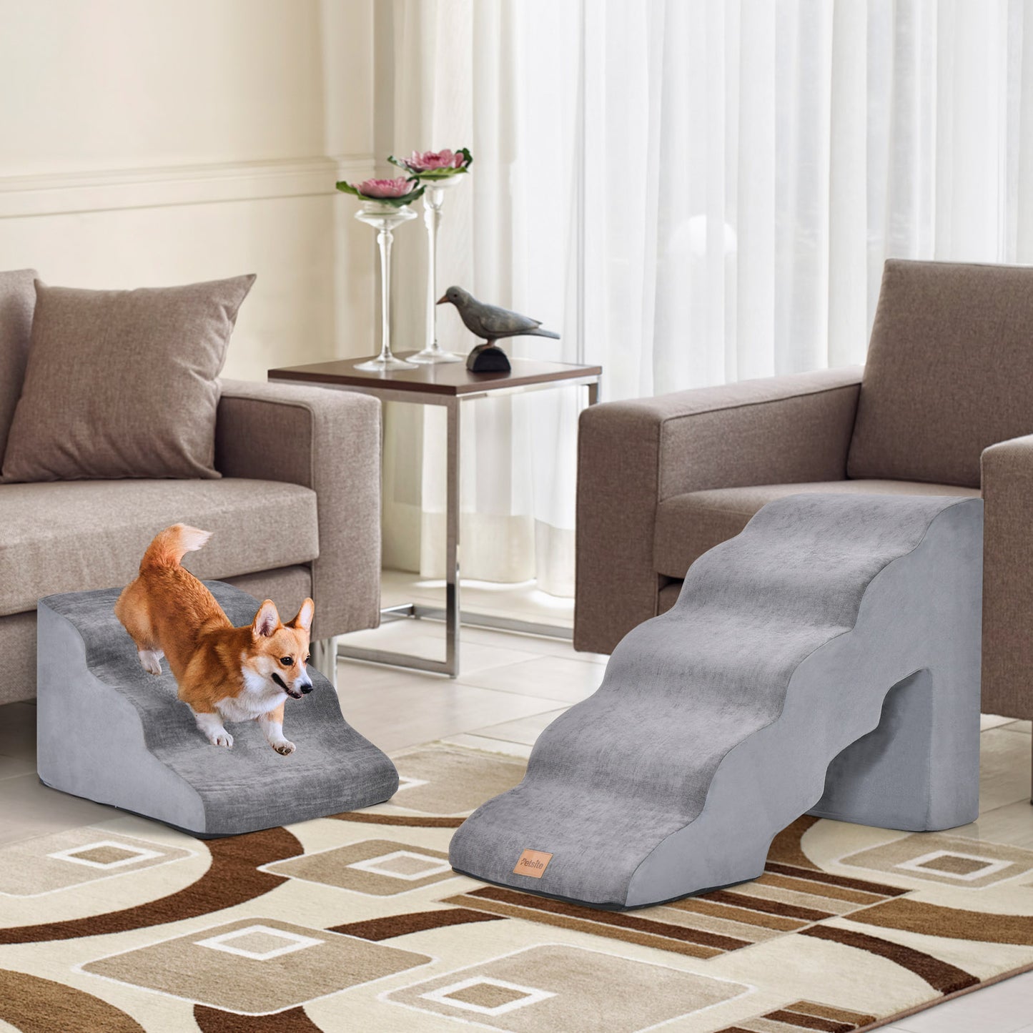 Foam Pet Stairs Set with 5-Tier and 3-Tier Dog Ramps-Grey