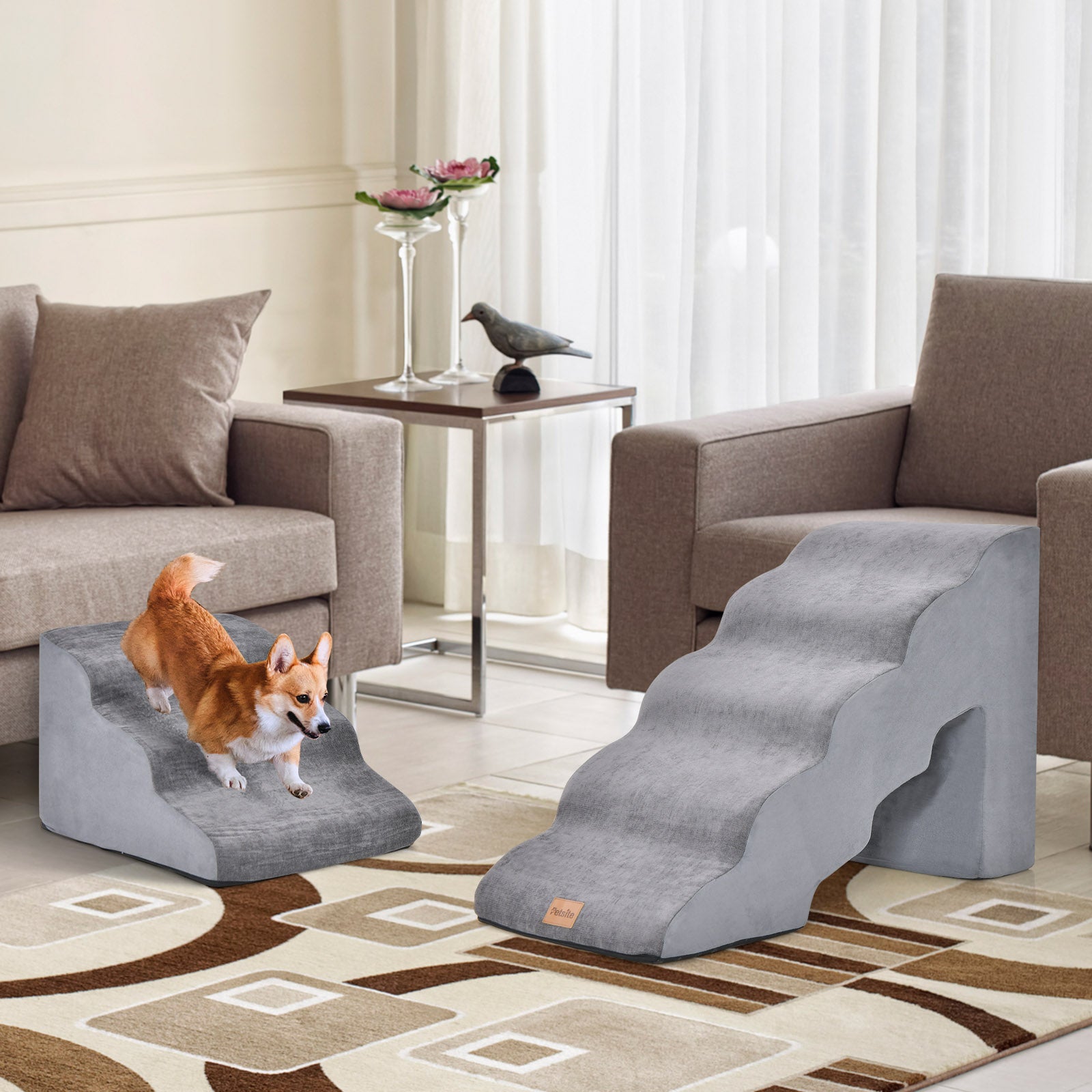 Foam Pet Stairs Set with 5-Tier and 3-Tier Dog Ramps-Grey