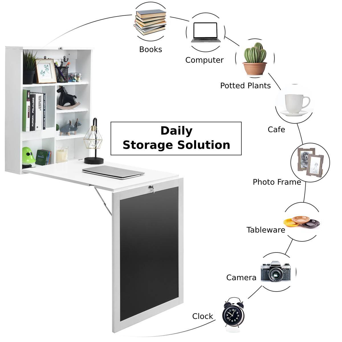 Wall Mounted Floating Computer Desk with 3-tier Tilt Storage Partition-White