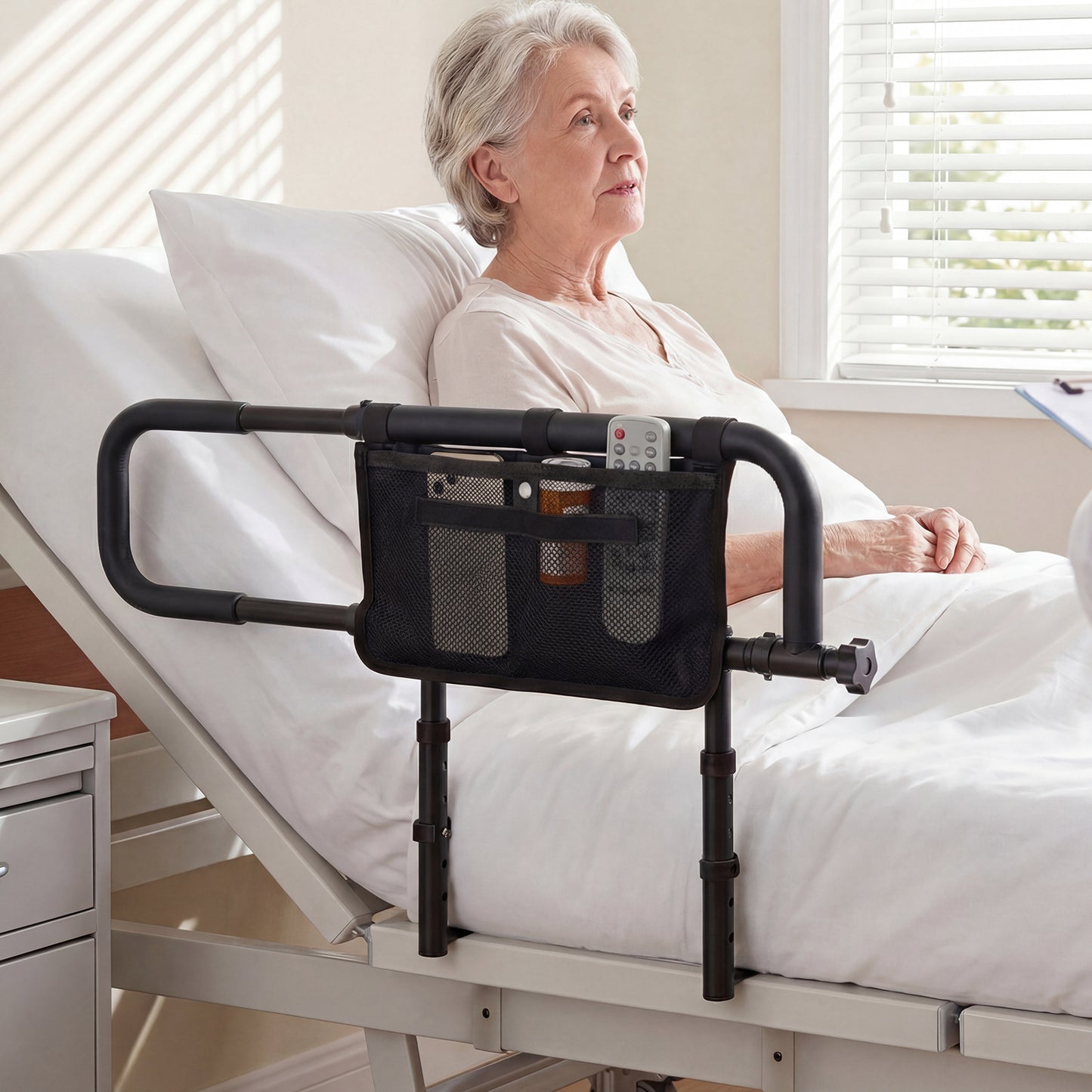 Foldable Bed Rail for Seniors with Adjustable Width and Height-Black
