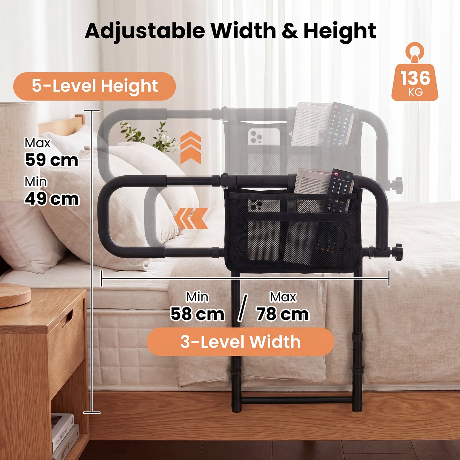 Foldable Bed Rail for Seniors with Adjustable Width and Height-Black